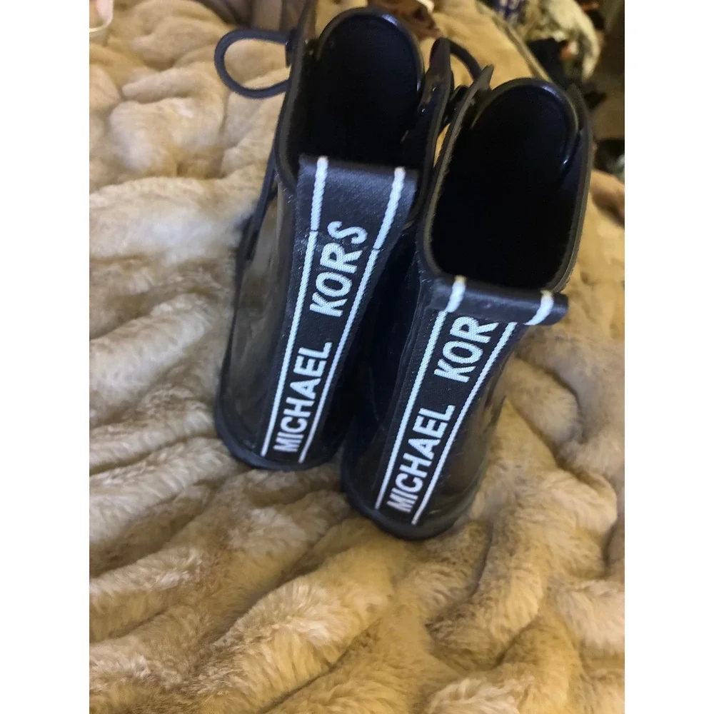 Michael Kors Black PVC Lace Up Combat Rain Boots Logo Heel Tab Glossy Lug Sole